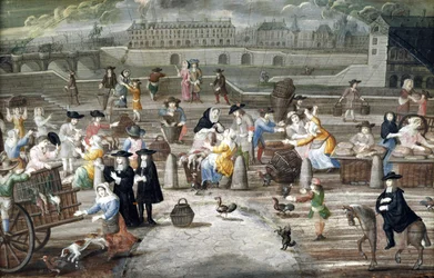 Brood- en pluimveemarkt op Quai des Grands Augustins, geschilderd voor een waaier